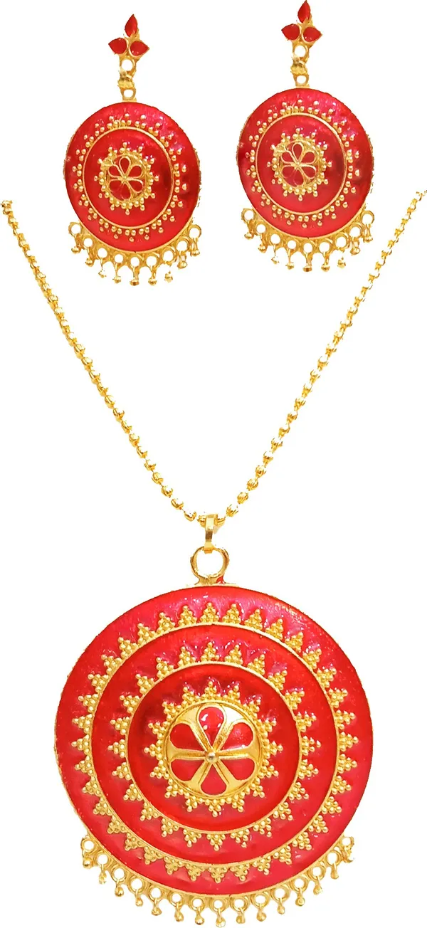 Assamese_Traditional_Gold_Plated_Red_Colour_Japi_Chain_Jewellery_Set_For_Women